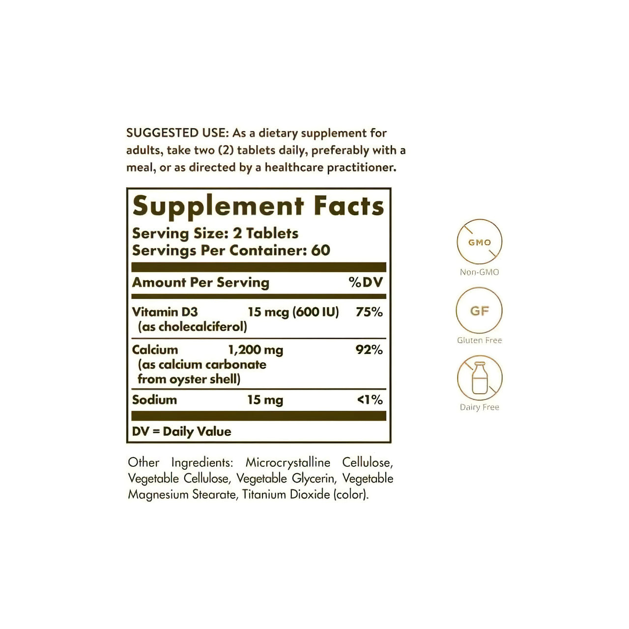 Um rótulo para o suplemento Solgar Calcium "600" 120 comprimidos (de concha de ostra com vitamina D3) com uma lista de ingredientes.