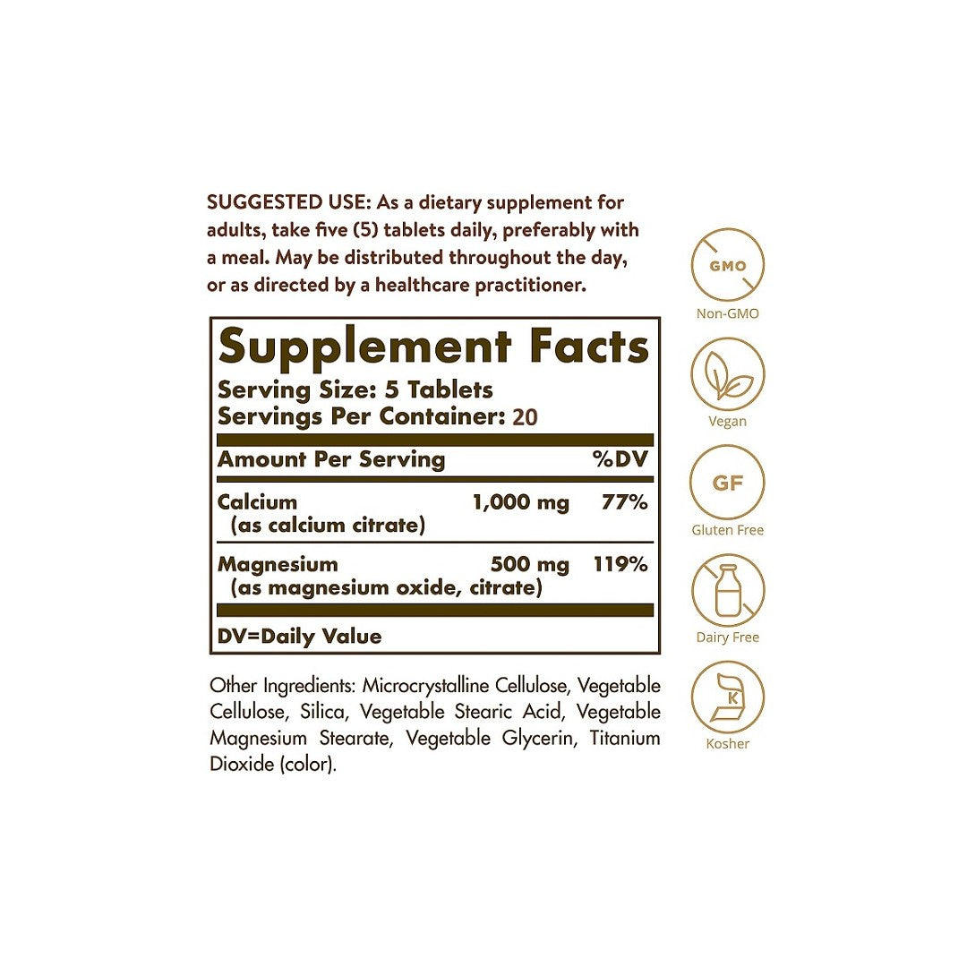 Um rótulo que apresenta os ingredientes do suplemento alimentar Solgar Calcium Magnesium Citrate 100 Tablets.
