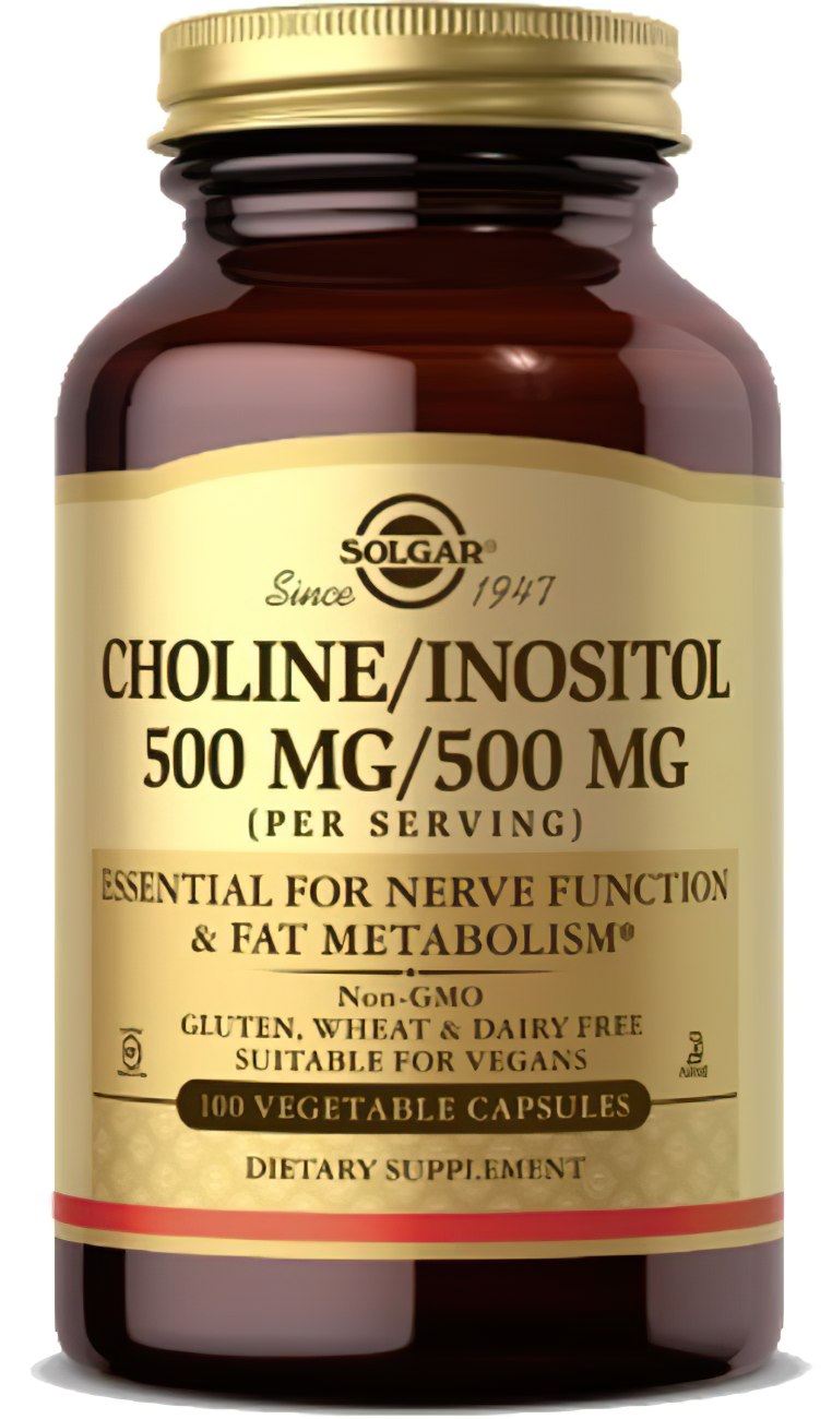 Um frasco de Solgar Choline 500 mg Inositol 500 mg 100 Cápsulas Vegetais.