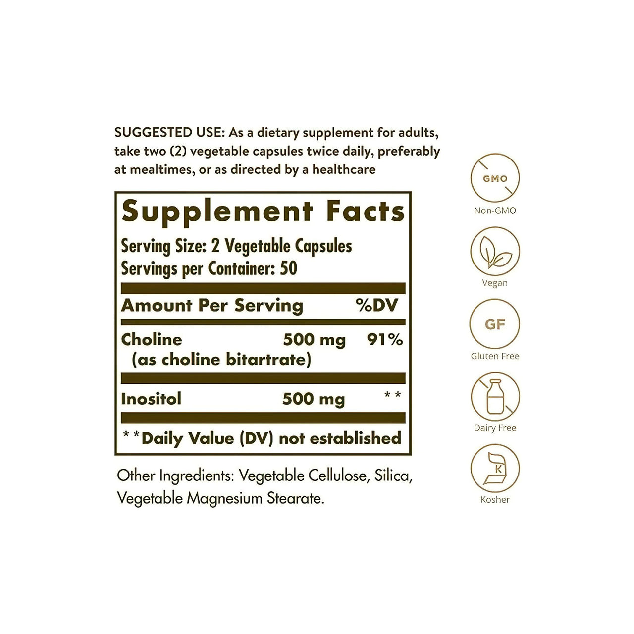 Apresenta o rótulo dos ingredientes do suplemento Choline 500 mg Inositol 500 mg 100 Vegetable Capsules do site Solgar.