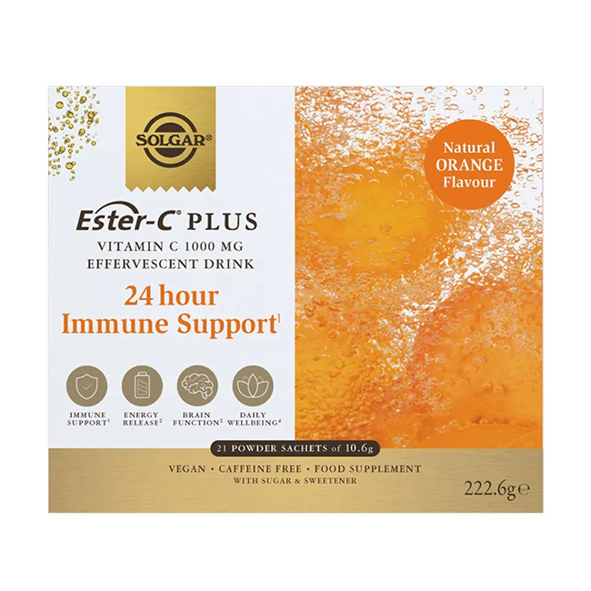 Solgar’s Ester-C Plus Vitamin C 21 powder sachets of 10.6 g offer an effervescent orange-flavored drink designed to bolster the immune system, support energy release, and enhance brain function with a powerful dose of 1000 mg of vitamin C and a rich blend of B vitamins.