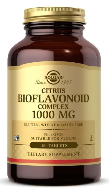 Um frasco de Solgar Citrus Bioflavonoid Complex 1000 mg Tablets.
