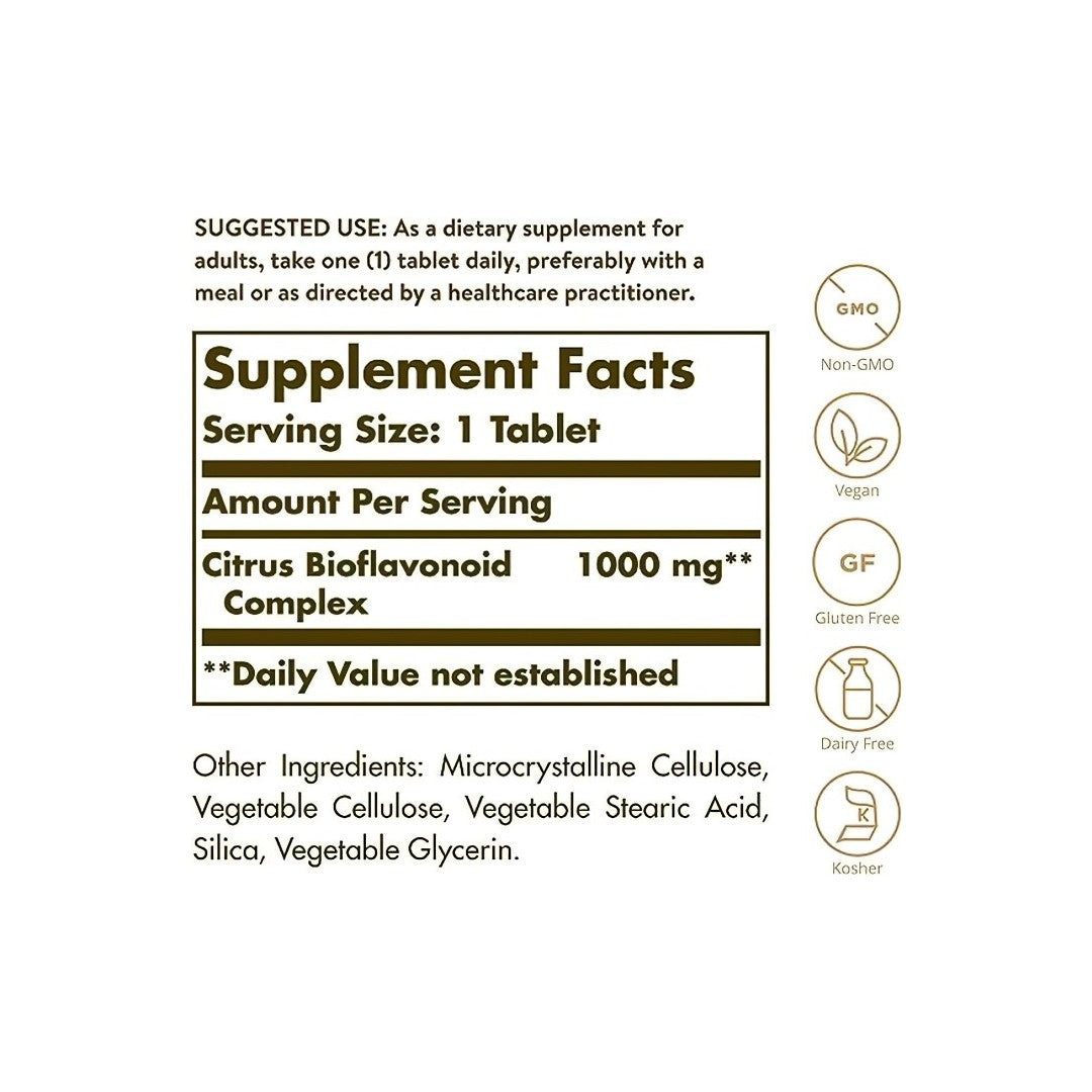 Um rótulo que mostra os ingredientes do suplemento Citrus Bioflavonoid Complex 1000 mg Tablets de Solgar.