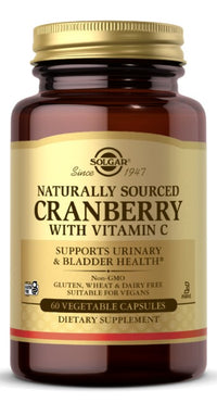 Miniatura de Solgar Natural Cranberry with Vitamin C 60 Vegetable Capsules com benefícios para a imunidade e para a saúde das vias urinárias.