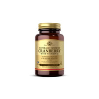 Miniatura do frasco de A Solgar Natural Cranberry with Vitamin C 60 Vegetable Capsules que promove a saúde do trato urinário e a imunidade sobre um fundo branco.