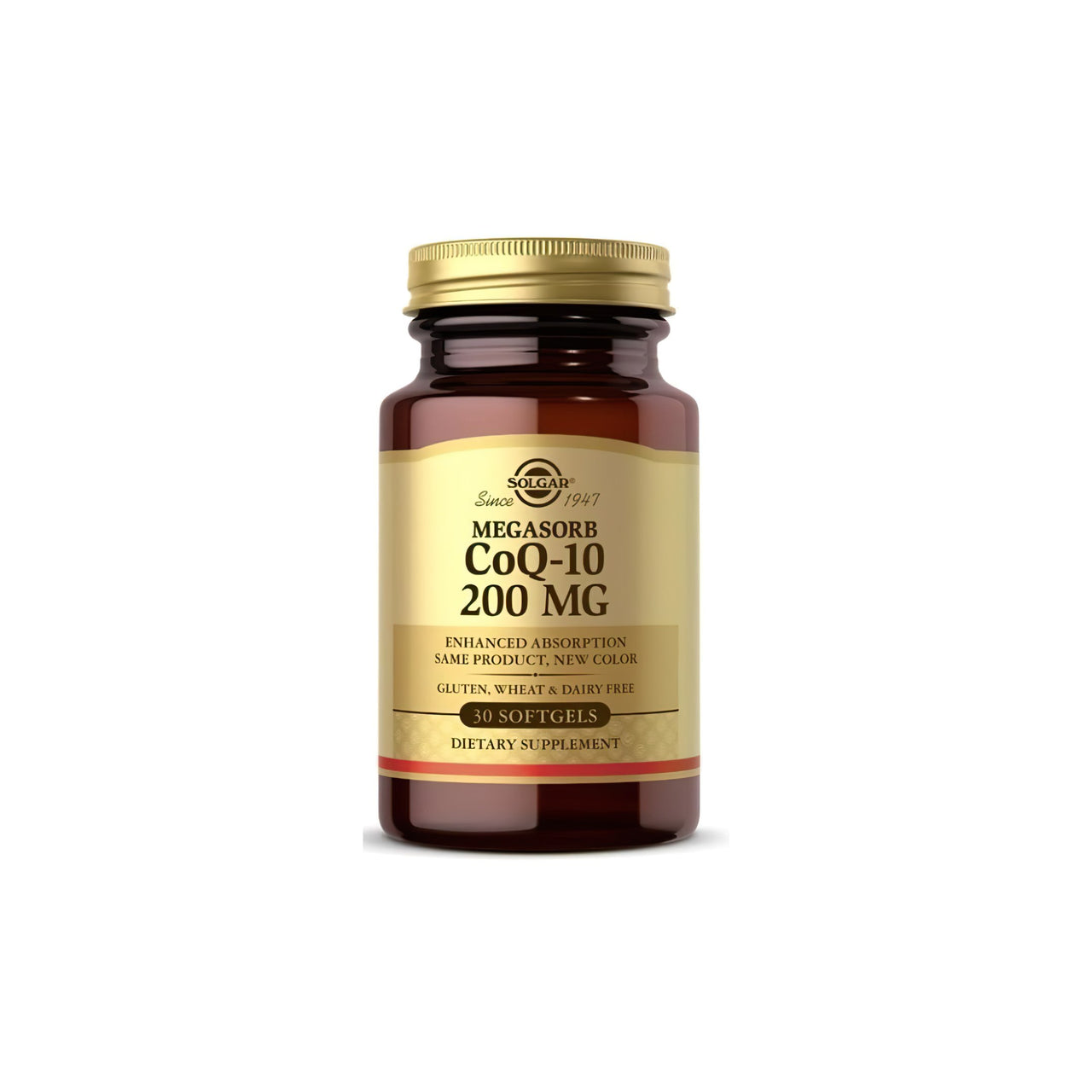 Um frasco de Solgar Megasorb CoQ-10 200 mg 30 Softgels sobre um fundo branco.