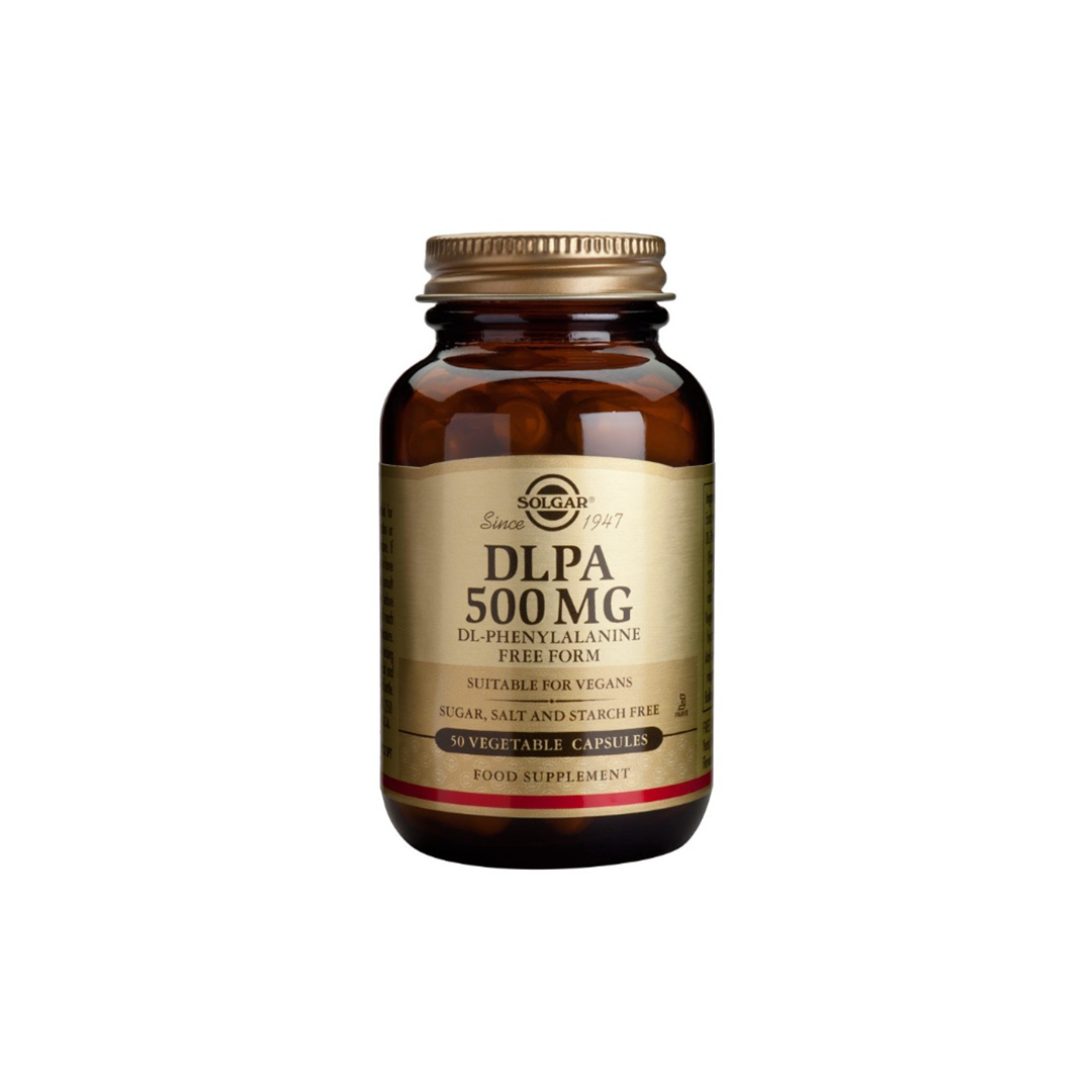 A brown glass bottle labeled "Solgar DLPA 500 mg" contains 50 vegetable capsules that support mood. These capsules, containing the essential amino acid DL-phenylalanine, are free from sugar, salt, and starch, making them an excellent choice for vegans pursuing balanced wellness.