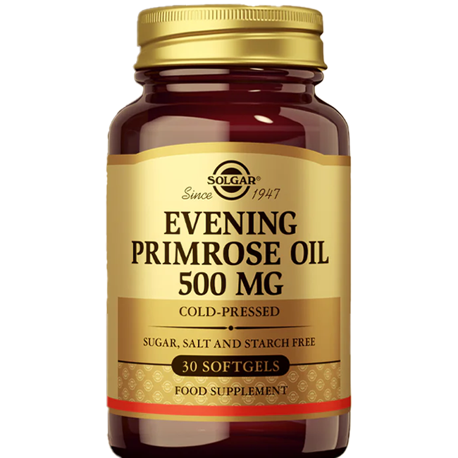 A container of Solgar's Evening Primrose Oil 500 mg includes 30 softgels, which are high in gamma-linolenic acid (GLA), cold-pressed, and do not contain sugar, salt, or starch.