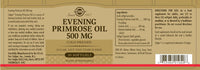 Thumbnail for Label of Solgar's Evening Primrose Oil 500 mg, detailing the contents, usage instructions, ingredients, and dietary benefits related to hormone balance. This product includes 30 softgels enriched with gamma-linolenic acid (GLA) and is proudly made in the USA.