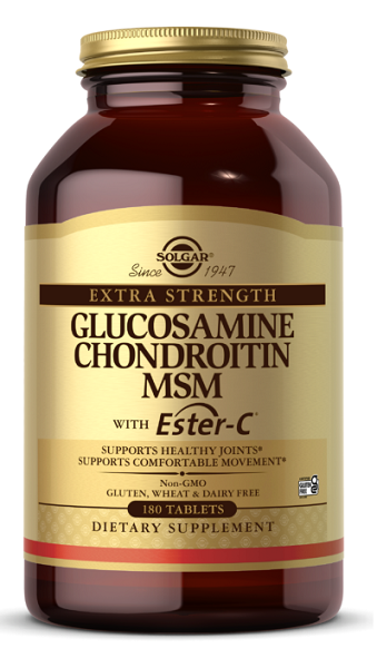 Um frasco de Solgar's Glucosamine, Chondroitin, MSM with Ester-C 180 comprimidos.