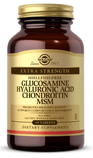 Um frasco de Glucosamina, ácido hialurónico, condroitina e MSM 60 comprimidos da Solgar.