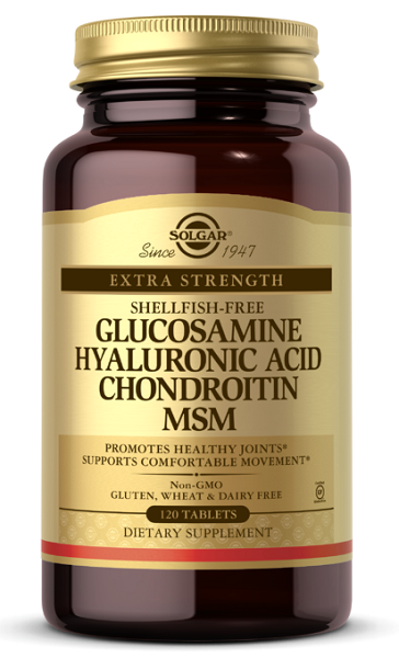 Um frasco de Solgar Glucosamine, hyaluronic acid, chondroitin & MSM 120 tabs.