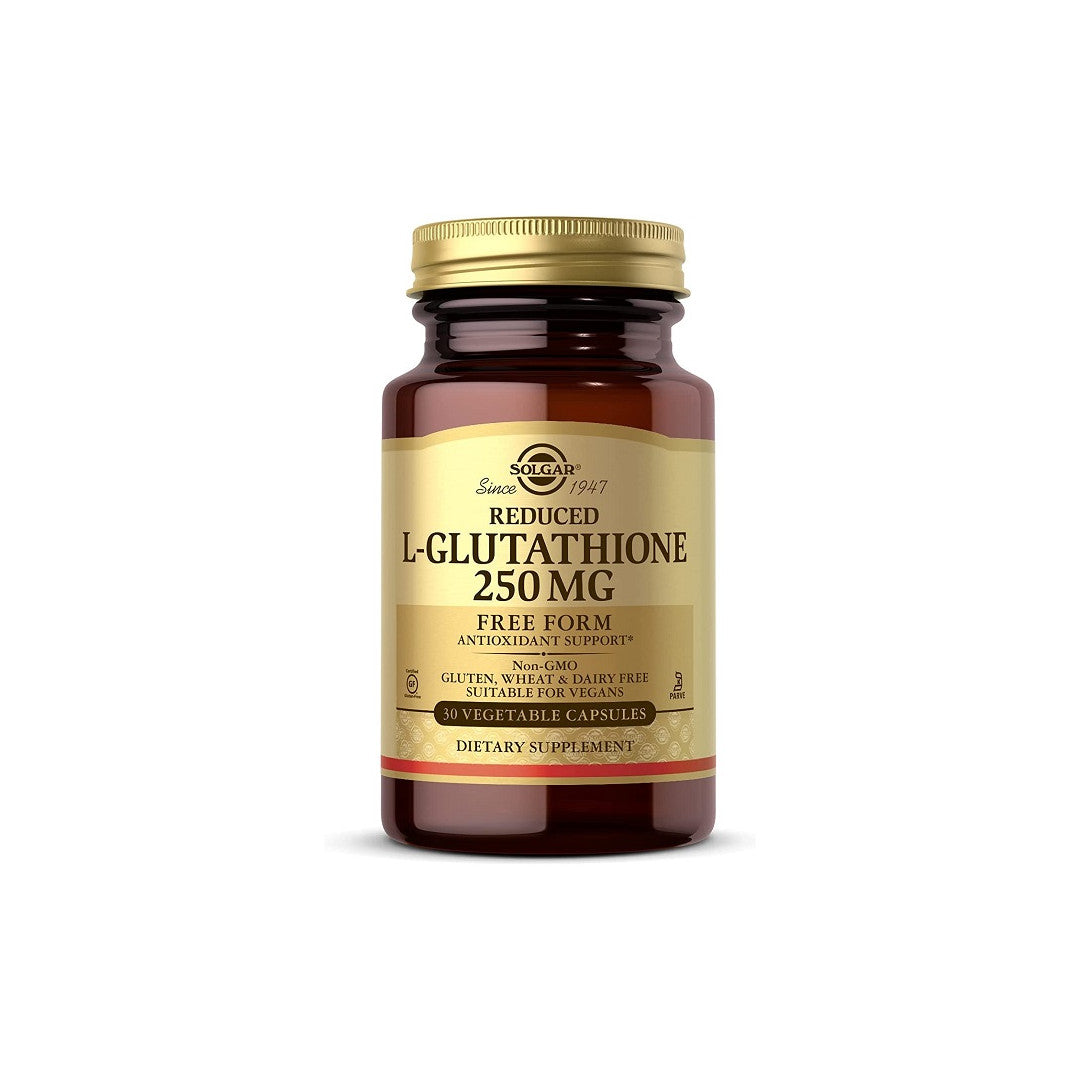 Um frasco de Solgar Reduced L-Glutathione 250mg capsules, um suplemento antioxidante.