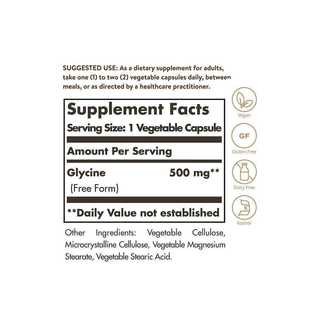 Rótulo de Solgar's Glycine 500 mg 100 Vegetable Capsules, um suplemento que contém ginkgo biloba.