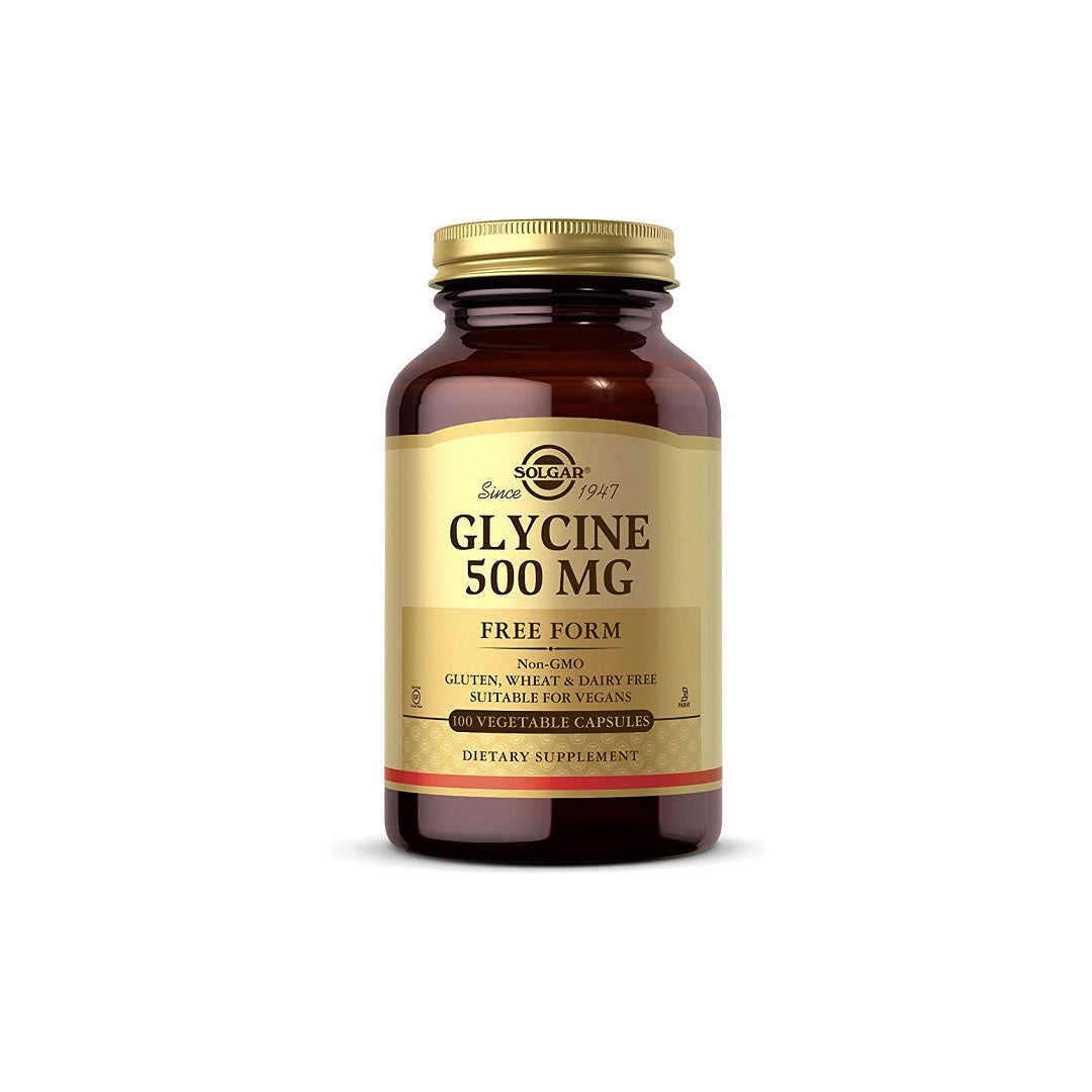 Um frasco de Solgar Glycine 500 mg 100 Vegetable Capsules sobre um fundo branco.