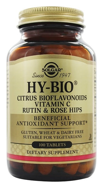 Um frasco de Solgar Hy-Bio 100 comprimidos (500 mg de vitamina C com 500 mg de bioflavonóides), rutina e ancas.