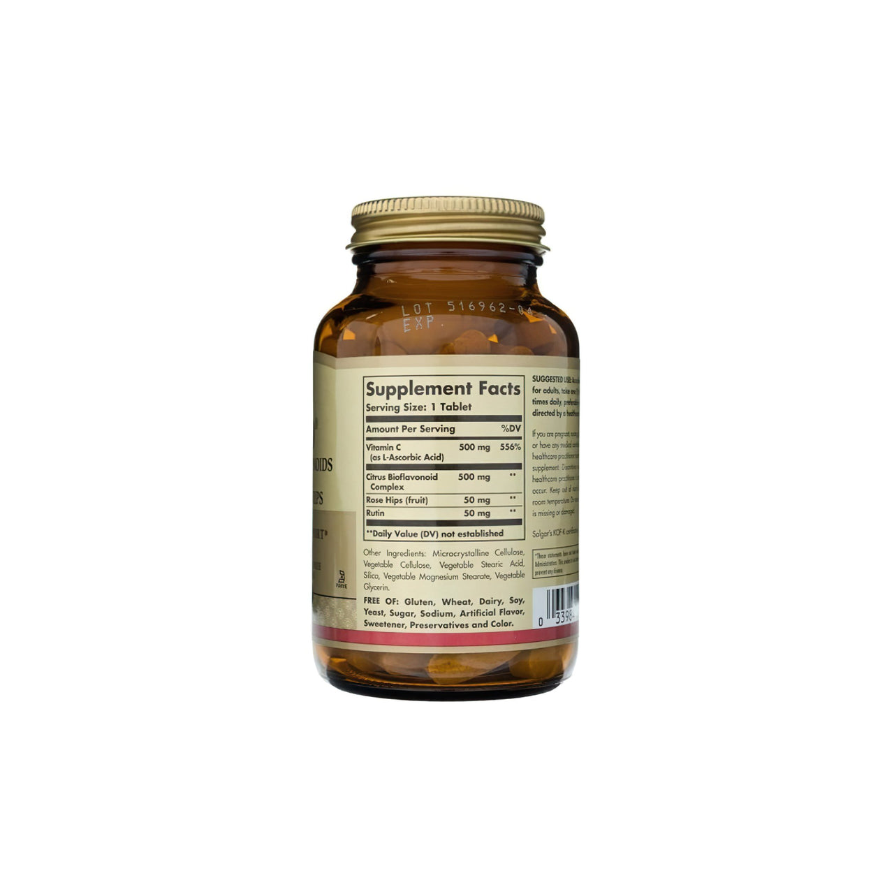 Um frasco de Solgar Hy-Bio 100 comprimidos (500 mg de vitamina C com 500 mg de bioflavonóides) sobre um fundo branco.
