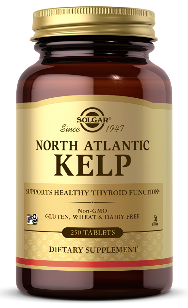 Um frasco de Solgar North Atlantic Kelp 200 mcg 250 Tablets, rico em iodo para apoiar uma glândula tiroide saudável.