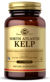 Thumbnail for Um frasco de Solgar North Atlantic Kelp 200 mcg 250 Tablets, rico em iodo para apoiar uma glândula tiroide saudável.