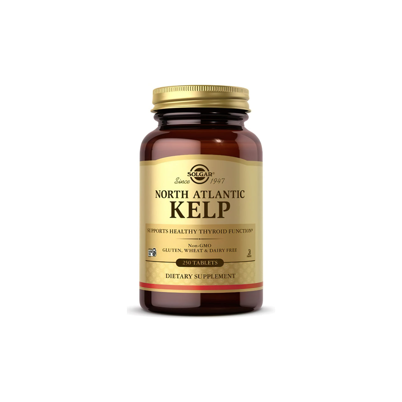Um frasco de Solgar North Atlantic Kelp 200 mcg 250 Tablets, rico em iodo para um funcionamento ótimo da glândula tiroide.