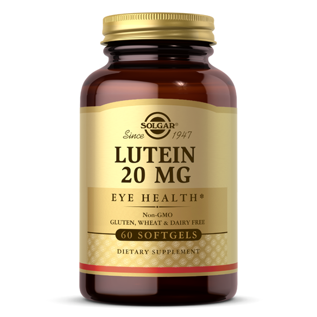 A bottle of Solgar Lutein 20 mg 60 Softgels, a dietary supplement enriched with Zeaxanthin to support optimal eye health.