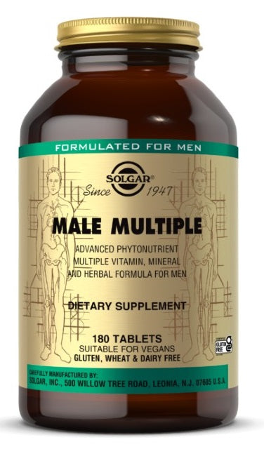 Um frasco de Solgar Male Multiple Multivitamins & Minerals for Men 180 Tablets.