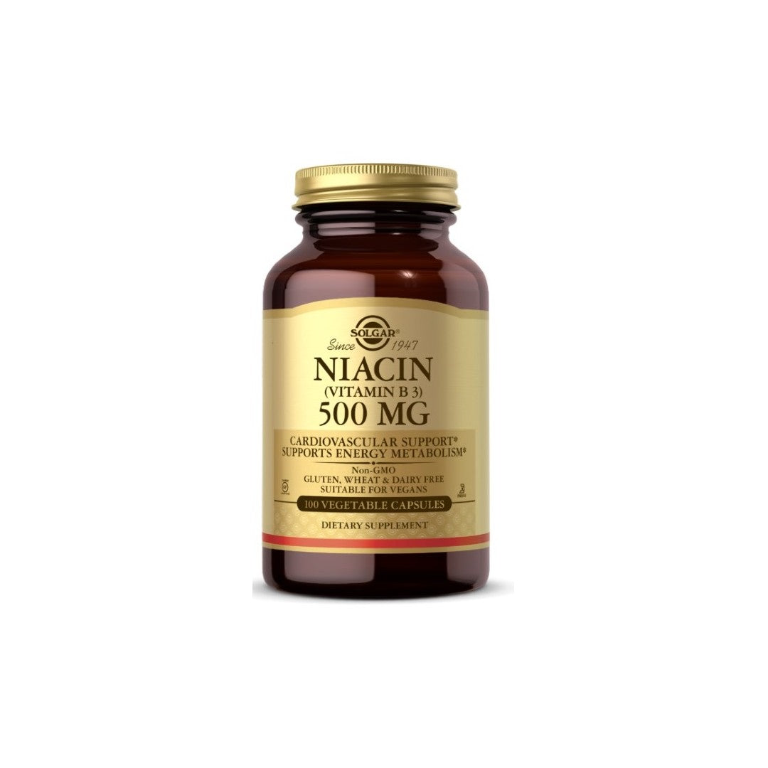 Solgar Niacina Vitamina B3 500 mg 100 Cápsulas Vegetais para a saúde cardiovascular sobre um fundo branco.