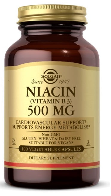 Um frasco de Solgar Niacina Vitamina B3 500 mg 100 Cápsulas Vegetais que apoia a saúde cardiovascular e ajuda a regular os níveis de lípidos no sangue.