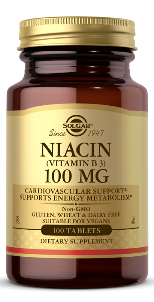 Um frasco de Solgar Niacina Vitamina B-3 100 mg 100 comprimidos para a saúde do sistema nervoso e o metabolismo energético.