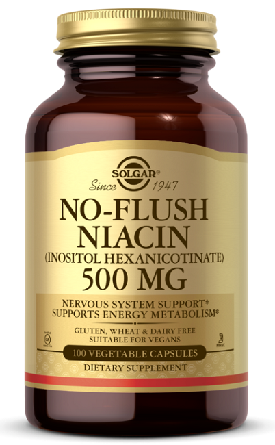 Esta cápsula vegetal de vitamina B3 Solgar No-Flush Niacin 500 mg foi especialmente formulada para apoiar a saúde cardiovascular, regulando os níveis de lípidos no sangue. Com uma dose de 300 mg, pode ajudar a melhorar o metabolismo dos hidratos de carbono.