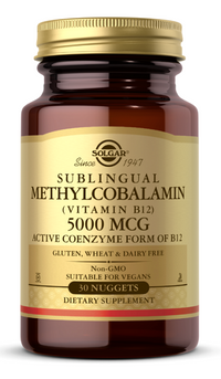 Thumbnail for Solgar's Vitamin B-12 5000mcg Methylcobalamin 30 nuggets is a highly effective supplement that provides the brain with essential B-12 vitamins.