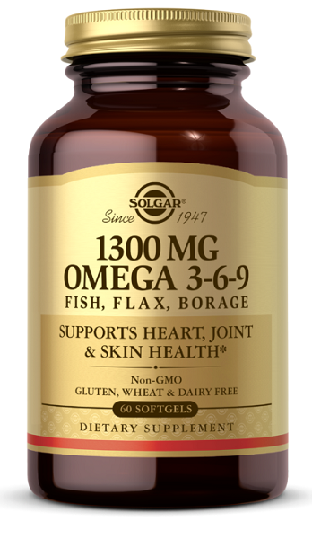 Um frasco de Solgar Omega 3-6-9 60 sgel, rico em ácidos gordos essenciais e destilado molecularmente.