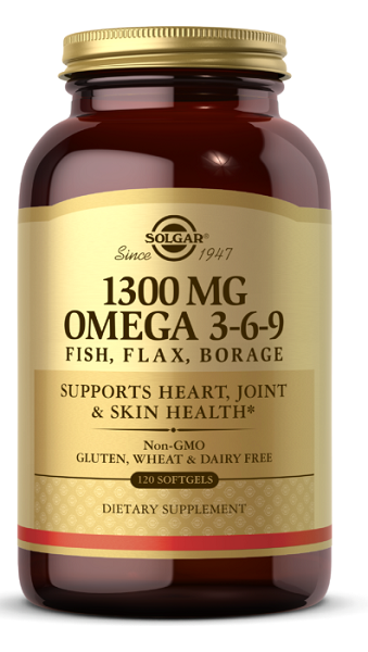 Um frasco de Solgar Omega 3-6-9 1300 mg 120 Softgels, rico em ácidos gordos ómega 3.