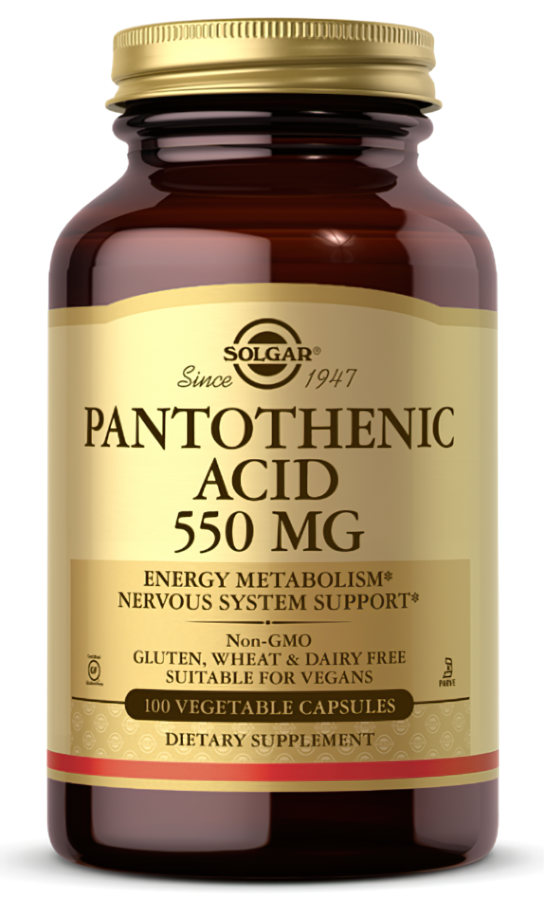 Solgar Pantothenic Acid 550 mg 100 Vegetable Capsules é um suplemento alimentar que fornece o nutriente essencial ácido pantoténico para apoiar a saúde e o bem-estar geral.