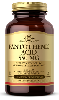 Thumbnail for Solgar Pantothenic Acid 550 mg 100 Vegetable Capsules é um suplemento alimentar que fornece o nutriente essencial ácido pantoténico para apoiar a saúde e o bem-estar geral.