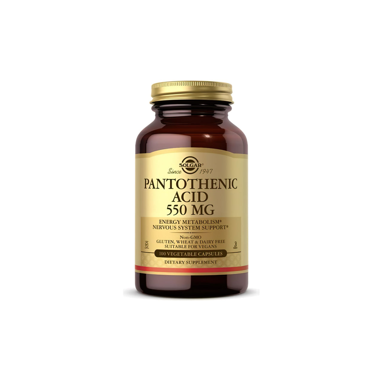 Solgar Pantothenic Acid 550 mg cápsulas de suplemento alimentar, contendo 200 mg de ácido pantoténico.