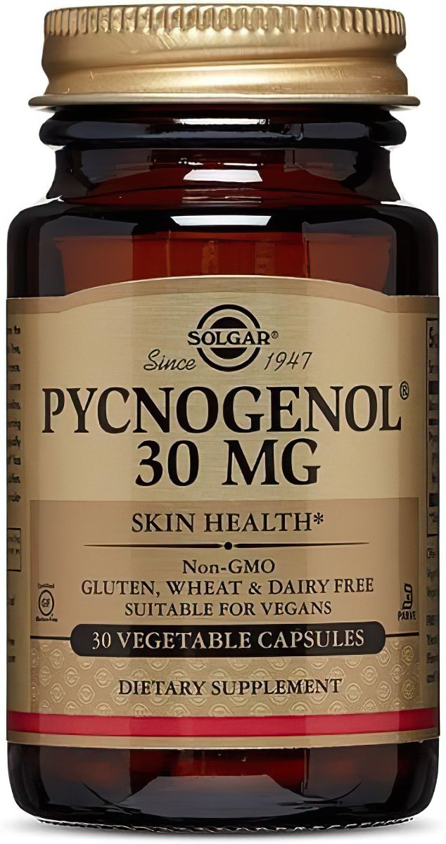 Um frasco de Solgar Pycnogenol 30 mg 30 VCaps, concebido para apoiar a saúde do cérebro.