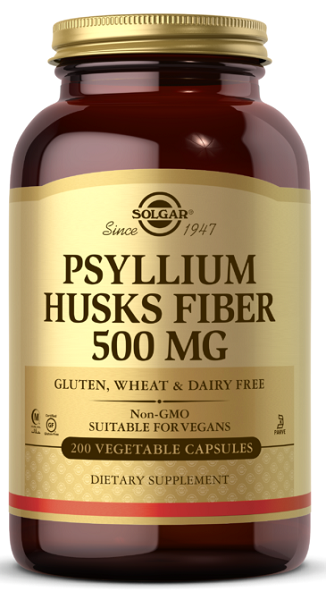 Um frasco de Psyllium Husks Fiber 500 mg 200 cápsulas vegetais, que promove a saúde do sistema digestivo e ajuda a perder peso, em Solgar.
