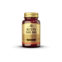 Thumbnail for This bottle of Solgar's Rutin 500 mg contains 50 tablets that are vegan-friendly and feature a powerful flavonoid antioxidant. The labels prominently emphasize that it contains no sugar or starch.