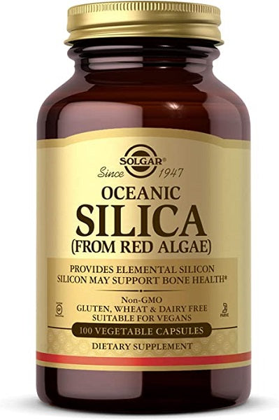 Um frasco de Oceanic Silica 25 mg 100 Vegetable Capsules da Solgar, que promove a saúde do cabelo, das unhas e do sistema ósseo e articular.