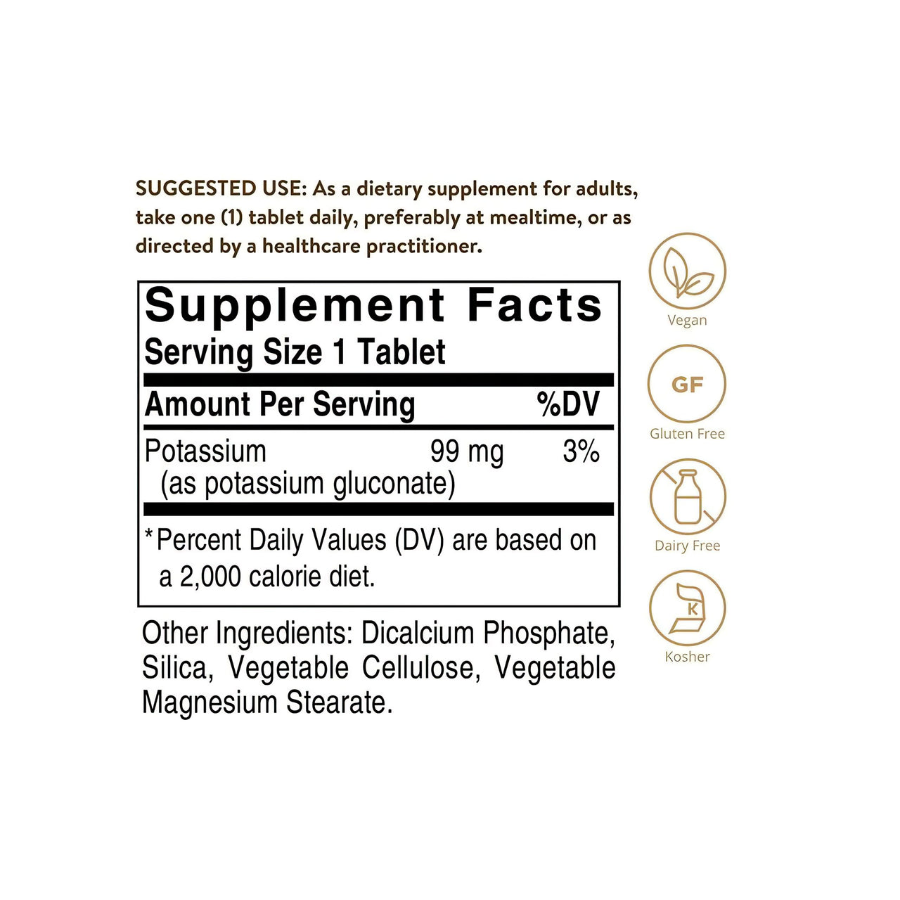 Um rótulo com os ingredientes do suplemento Solgar Potassium 99 mg 100 Tablets.