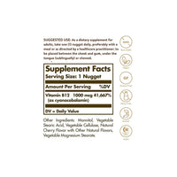 Thumbnail for The back of a Solgar supplement label provides information on Vitamin B12 1000 mcg 100 nuggets Cyanocobalamin and its impact on red blood cells and brain function.