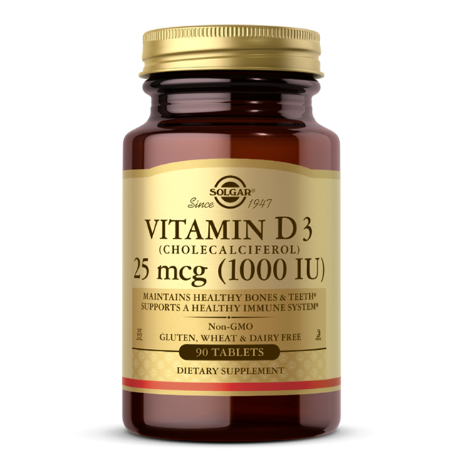 The Solgar Vitamin D3 (Cholecalciferol) 25 mcg (1000 IU), 90 tablets, supports bone and teeth health as well as the immune system. It comes in a brown bottle and is non-GMO, gluten-, wheat-, and dairy-free.