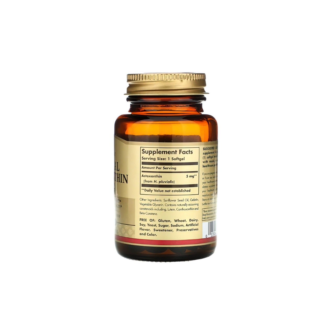 Um frasco de vitamina C rica em antioxidantes, reforçada com o poderoso ingrediente de cuidados da pele Solgar Natural Astaxanthi 5 mg 30 softgel, apresentado num fundo branco nítido.