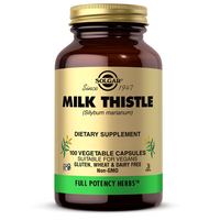 Thumbnail for A bottle of Solgar's FP Milk Thistle 450 mg dietary supplement features 100 vegetable capsules, packed with silymarin for enhanced liver health. The labels emphasize its vegan, gluten-free, and non-GMO qualities.