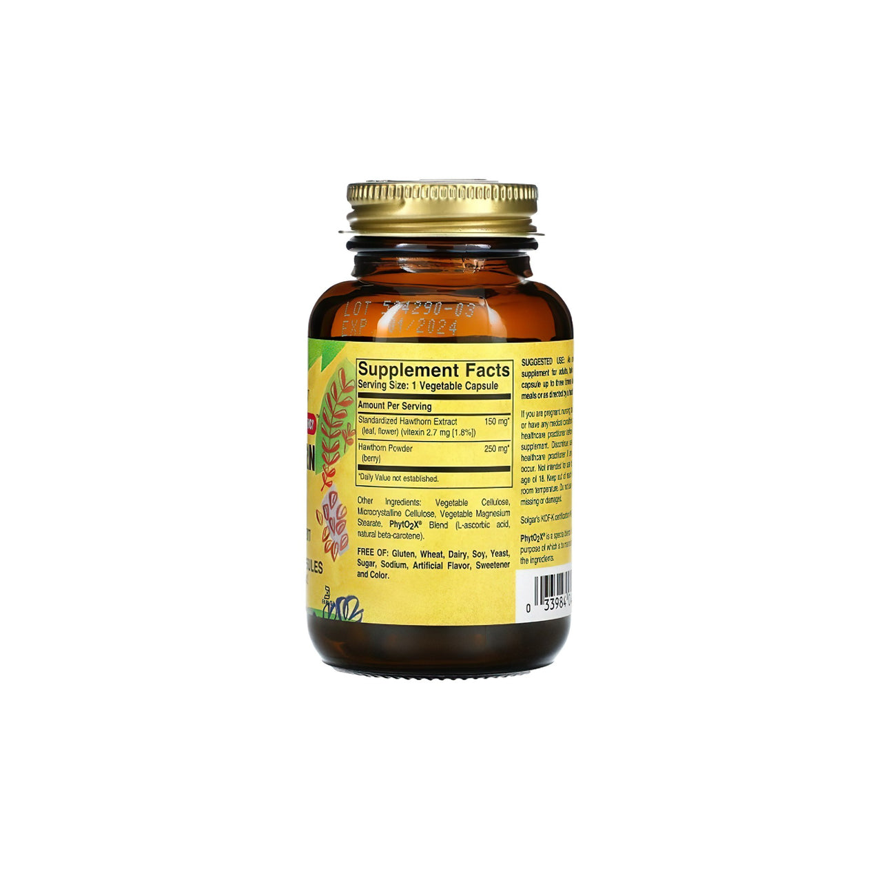 Um frasco de Solgar Hawthorne Herb Extract, 60 cápsulas vegetais sobre um fundo branco.