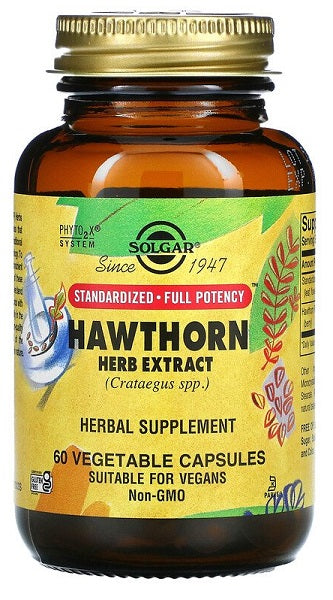 Um frasco de Solgar Hawthorne Herb Extract, 60 cápsulas vegetais.