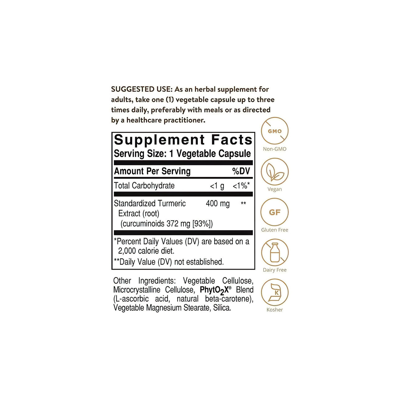 Standardized Turmeric Root Extract 400 mg 60 Cápsulas Vegetais - factos do suplemento