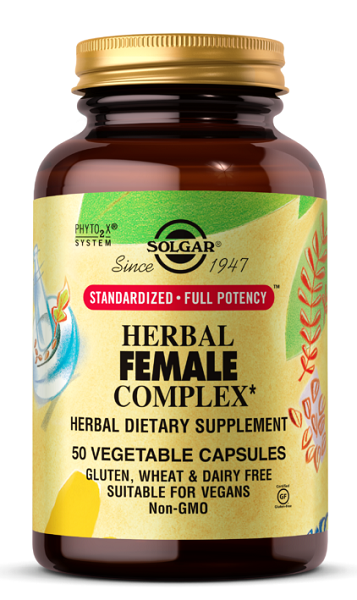 Um frasco de Solgar Herbal Female Complex, que contém 50 cápsulas vegetais.