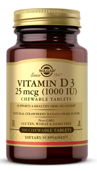 Solgar Vitamina D3 1000 UI 100 comprimidos mastigáveis sabor natural de morango e banana, essencial para um sistema imunitário, ossos e dentes saudáveis.